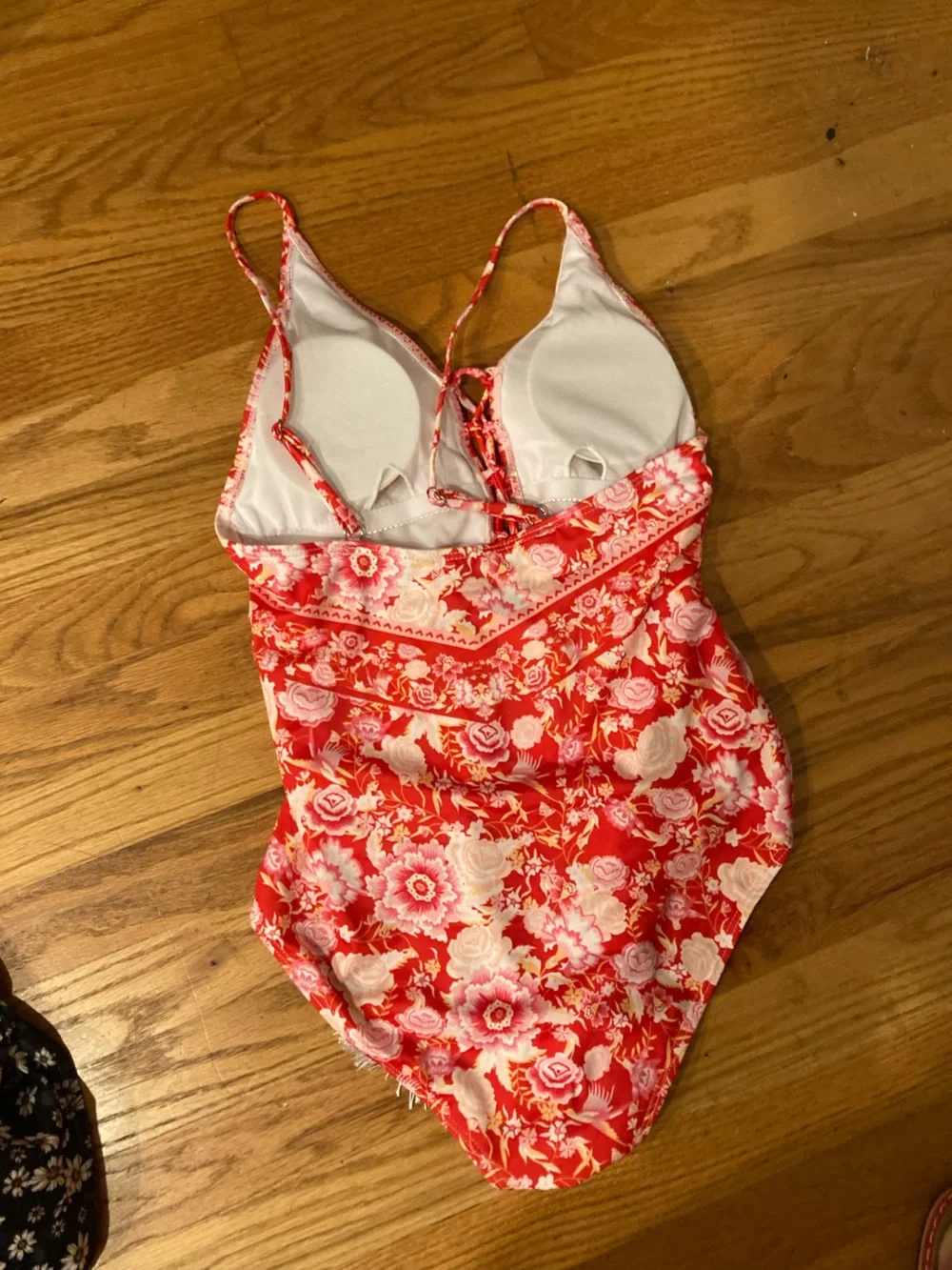 Red Floral One-Piece Swimsuit with Tassel Detail L NWOT